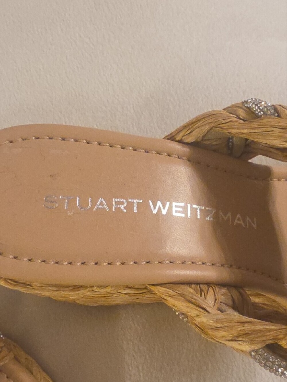 Stuart Weitzman LANA Natural Braided Raffia Wedge Sandals with Crystal Accents 8 - Picture 2 of 16